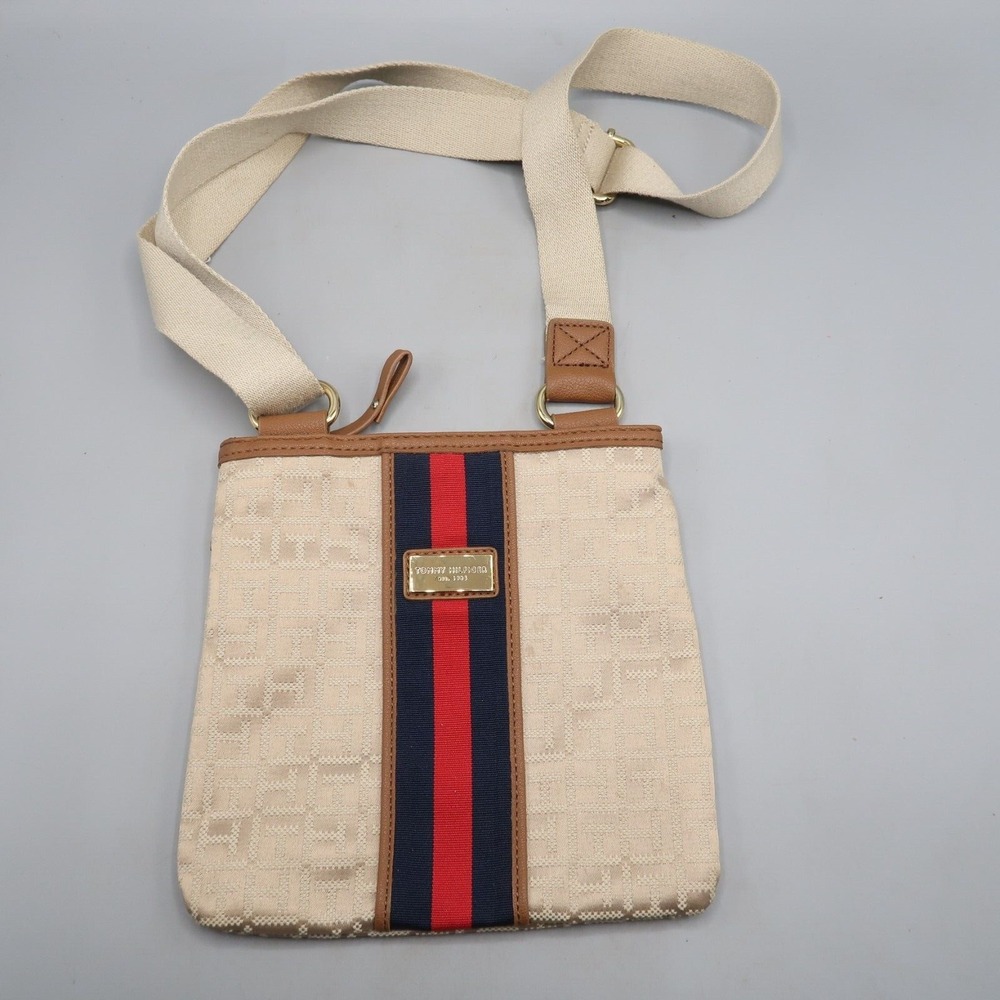 Tommy Hilfiger Signature Guitar Strap Crossbody Purse Tan Beige Classic Logo